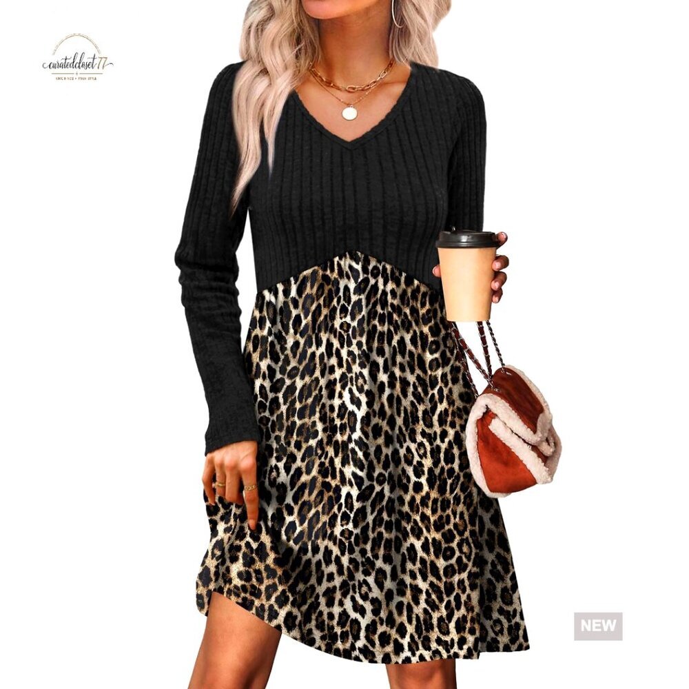 Long Sleeve V Neck Empire Waist Sweater Dress with Pockets Casual